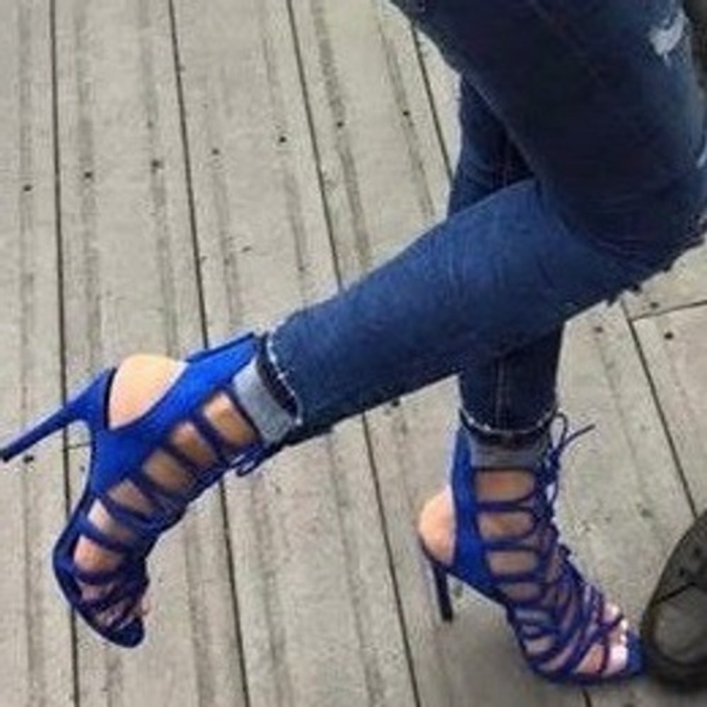Zara Lace Up Heels Size 38 Blue Strappy Stiletto Sexy‎ Cage Sandals